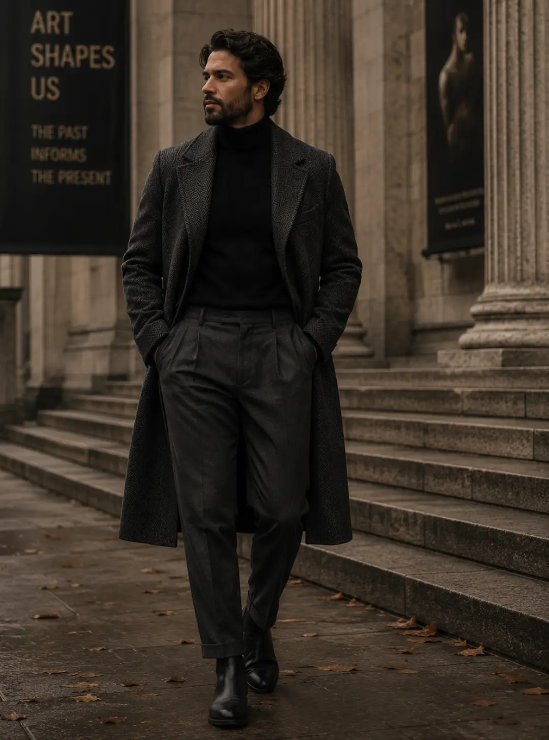 Man wearing a charcoal overcoat, black turtleneck, pleated gray trousers, and black Chelsea boots in a sophisticated Dark Academia for men outfit outside a museum.