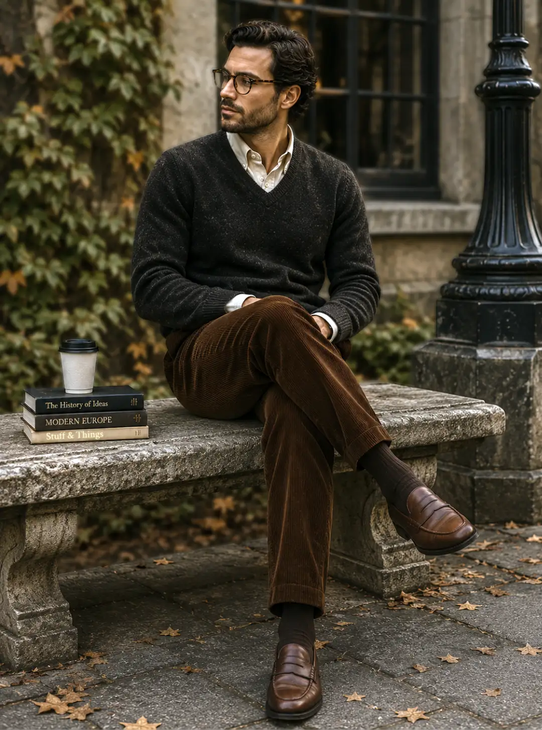 Man wearing a charcoal V-neck sweater, cream Oxford shirt, brown corduroy trousers, and brown loafers in a classic Dark Academia for men outfit seated on a stone bench.
