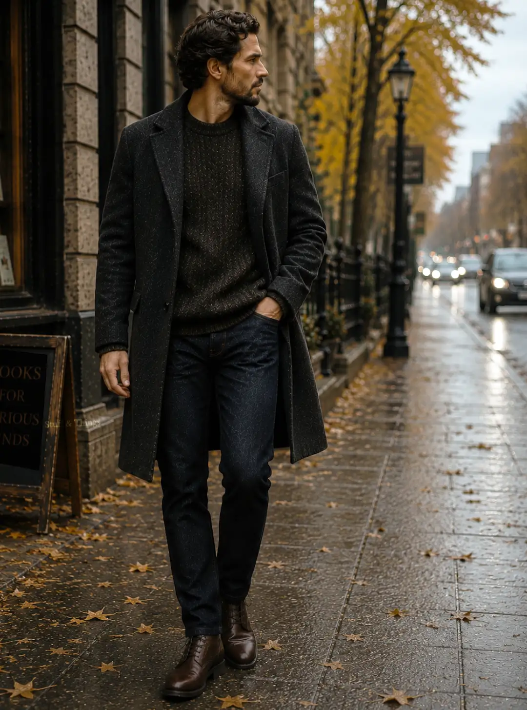 Man wearing a charcoal overcoat, dark knit sweater, dark jeans, and brown leather boots in a casual Dark Academia for men outfit on a rainy autumn street.
