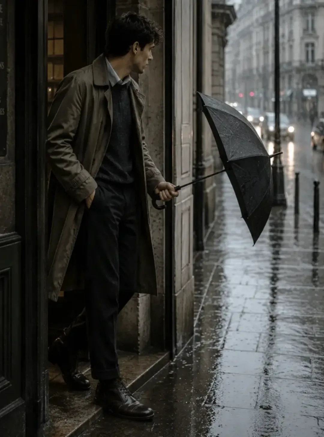 Man wearing a mac coat, dark knit sweater, dark trousers, and leather boots in a rainy day Dark Academia for men outfit while holding a black umbrella on a city street.