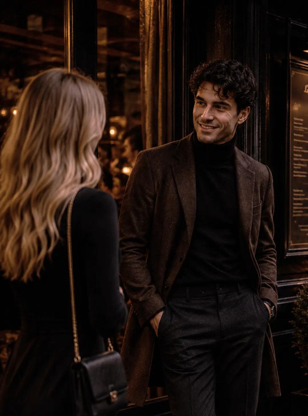 Man wearing a black turtleneck, dark overcoat, charcoal trousers, and black dress boots in an evening Dark Academia for men outfit outside a restaurant.