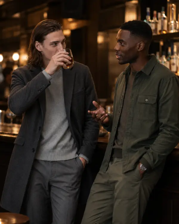 Two men showing how to wear monochrome with layered gray and olive outfits in a bar.