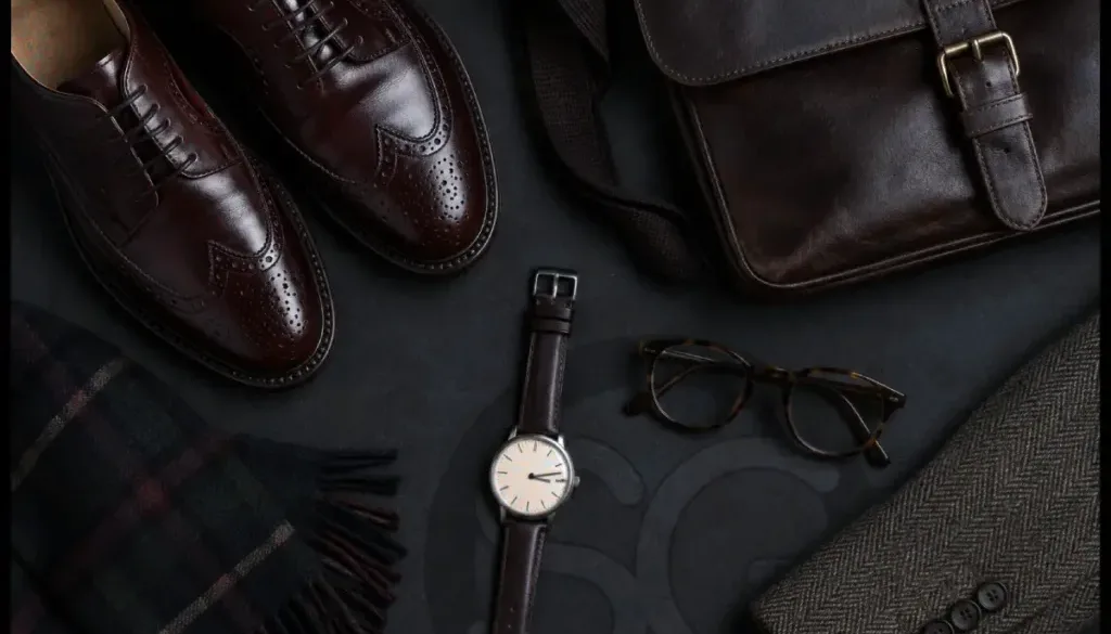 Dark Academia Accessories for men including oxblood brogues, leather messenger bag, watch, tortoiseshell glasses, and wool scarf.