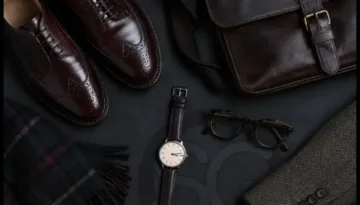 Dark Academia Accessories for men including oxblood brogues, leather messenger bag, watch, tortoiseshell glasses, and wool scarf.