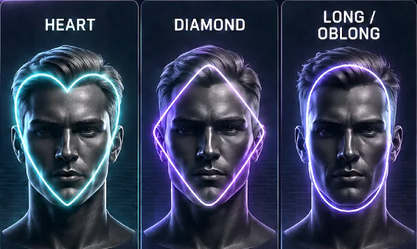 GOFS_F2 Illustration showing heart, diamond, and long oblong face shapes as a visual guide for choosing glasses on face shapes.