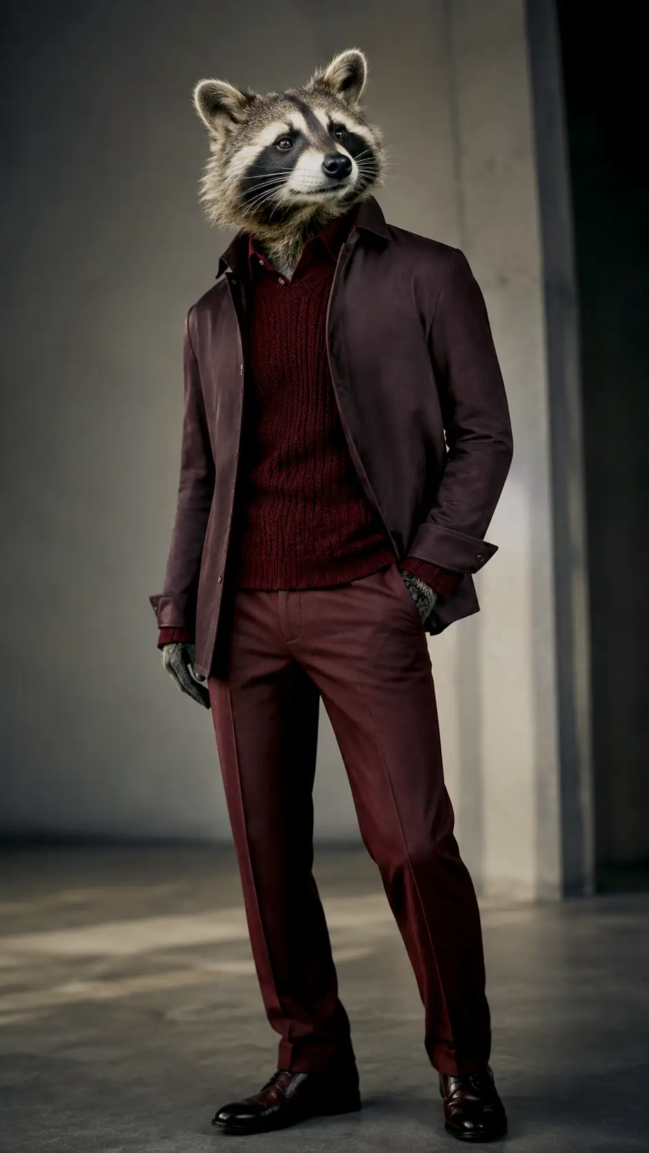 Raccoon character showing how to wear monochrome in a burgundy sweater, matching trousers, dark jacket, and leather shoes.