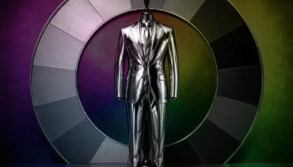 Metallic silver suit displayed on a mannequin in front of a circular monochrome color wheel.