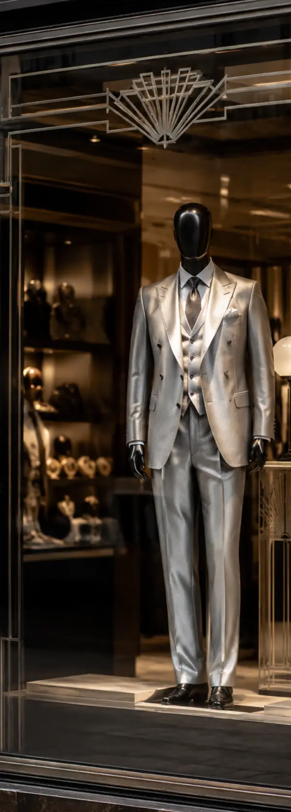 Storefront mannequin showing how to wear monochrome in a silver three-piece suit with matching tie and black dress shoes.