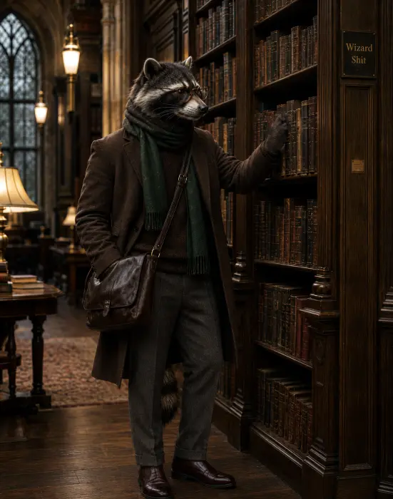 Anthropomorphic raccoon wearing Dark Academia Accessories including a green scarf and brown leather messenger bag in a library.