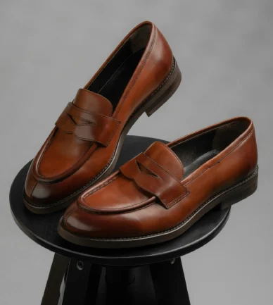 Brown leather penny loafers with classic moc-toe stitching styled as Dark Academia Accessories.