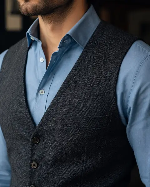 Blue shirt and dark textured vest showing how to wear monochrome by mixing shades and fabrics.