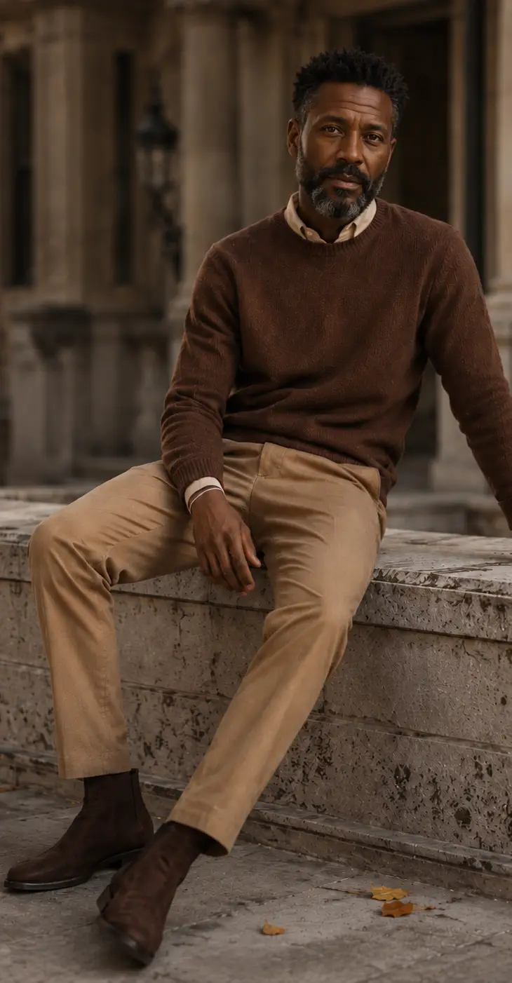 Man showing how to wear monochrome with a brown sweater, tan trousers, and dark brown leather boots.