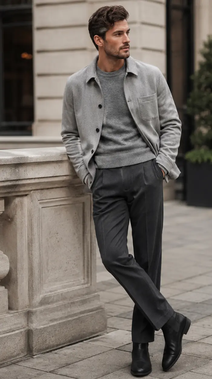 Man showing monochrome outfits for men in gray by wearing a sweater, light gray overshirt, charcoal trousers, and black boots.