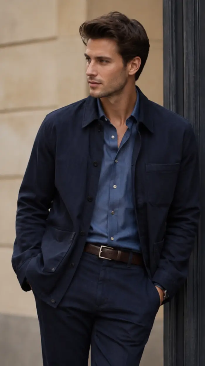 Man showing how to wear monochrome with a blue shirt, navy jacket, navy trousers, and brown leather belt.