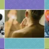 Collage showing a man washing his face, applying skincare, and sunscreen for a skincare routine for men.