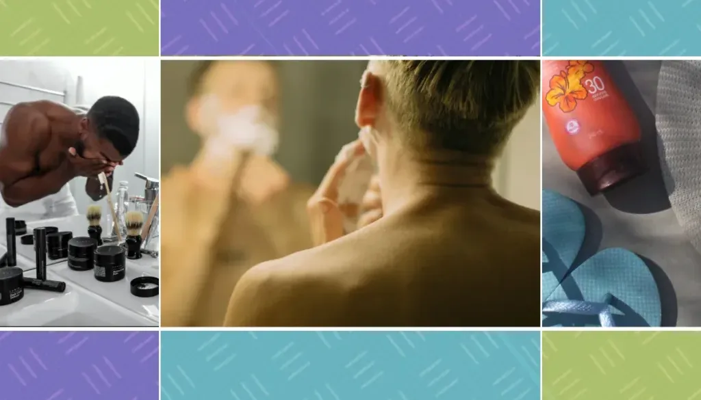 Collage showing a man washing his face, applying skincare, and sunscreen for a skincare routine for men.