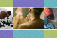 Collage showing a man washing his face, applying skincare, and sunscreen for a skincare routine for men.