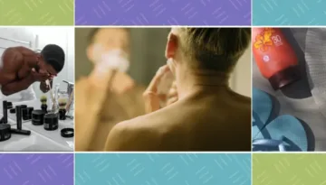 Collage showing a man washing his face, applying skincare, and sunscreen for a skincare routine for men.