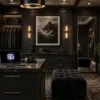 Luxury black dressing room filled with black clothing, shoes, and accessories for building all black outfits.