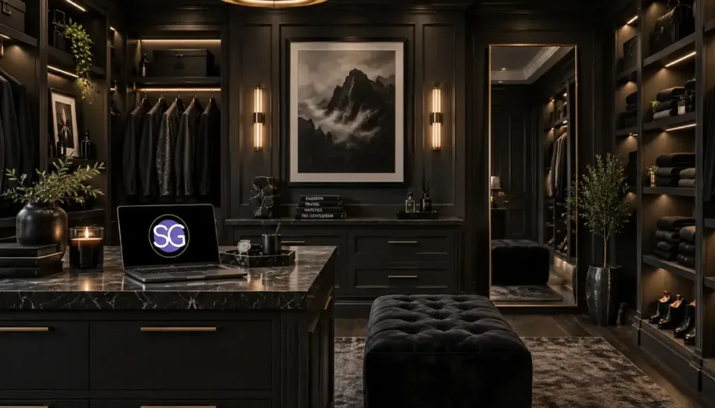 Luxury black dressing room filled with black clothing, shoes, and accessories for building all black outfits.