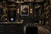 Luxury black dressing room filled with black clothing, shoes, and accessories for building all black outfits.