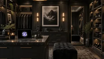 Luxury black dressing room filled with black clothing, shoes, and accessories for building all black outfits.