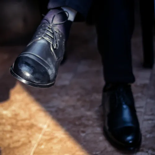 Black derby dress shoes shown as one of the classic types of men's shoes.