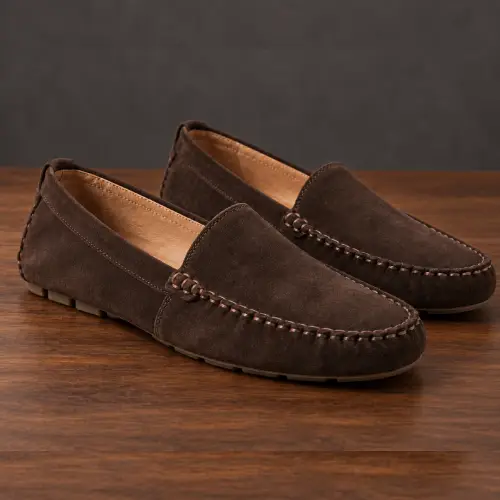 Brown suede moccasin-style driving loafers shown among casual types of men's shoes.