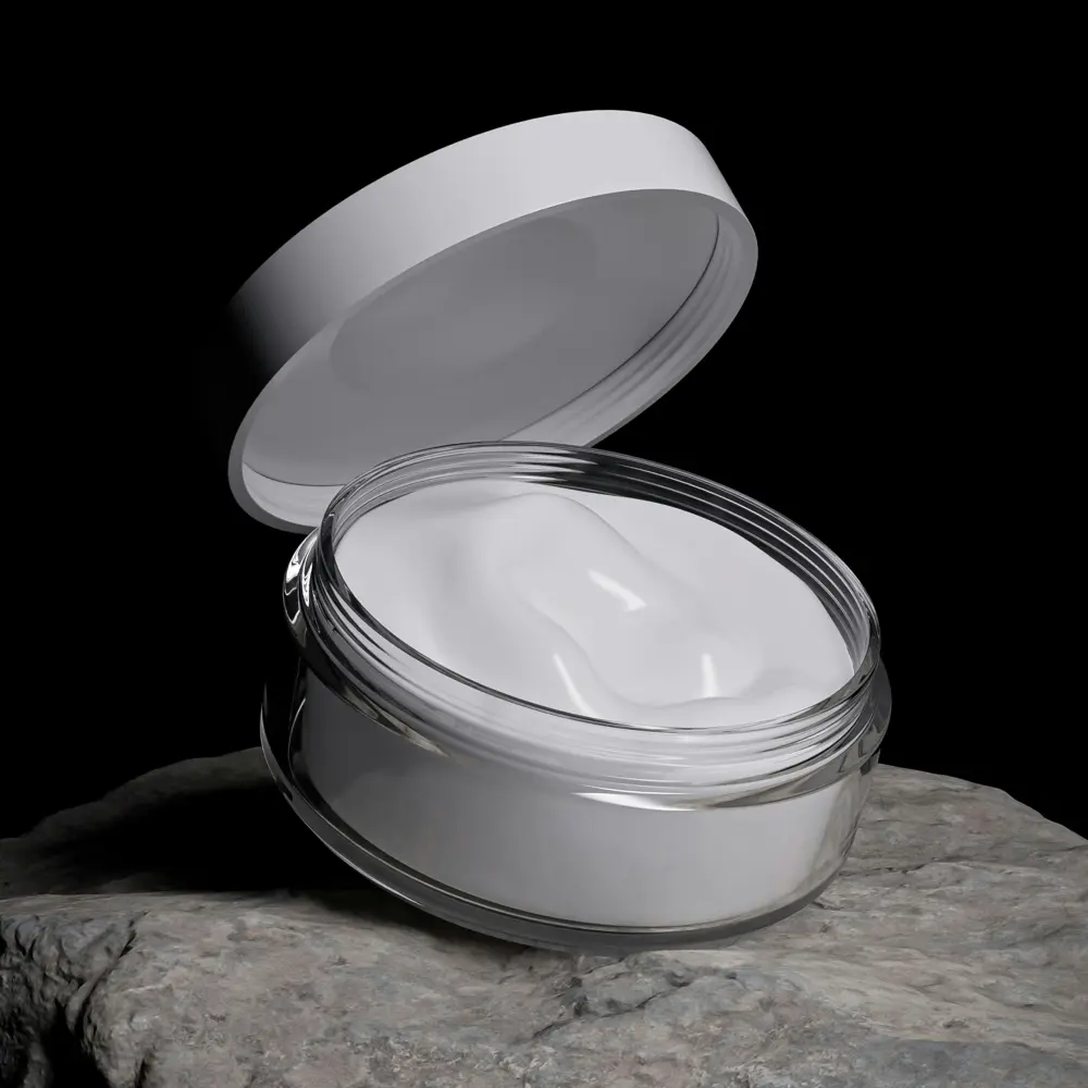 Open jar of face moisturizer used as part of a skincare routine for men.