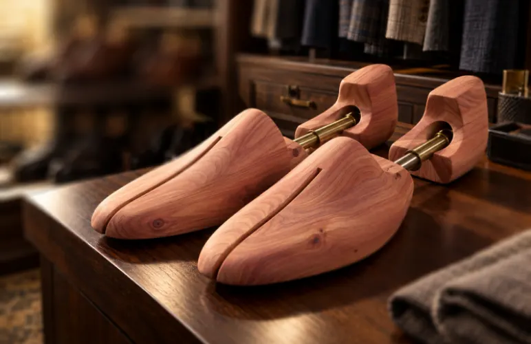 Wooden shoe trees are used to help suede shoes dry and hold their shape after getting wet.