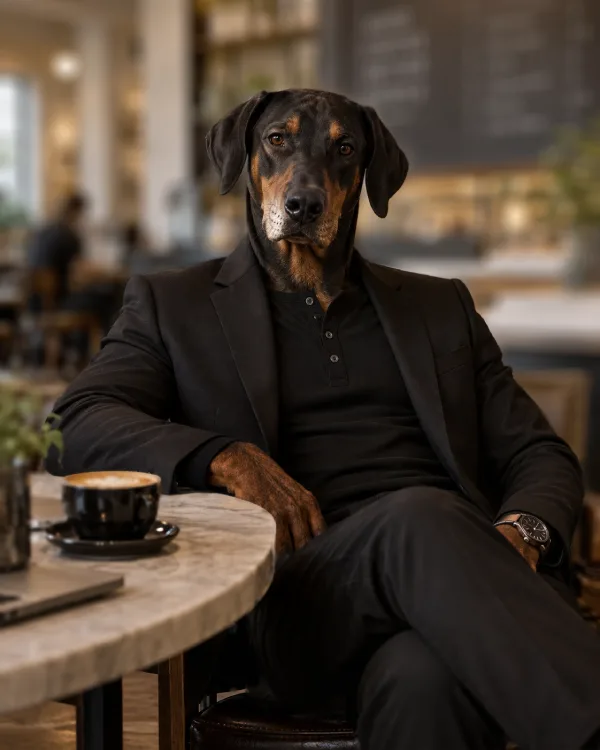 Doberman wearing an all black outfit with a black blazer, black polo shirt, and black trousers at a café.