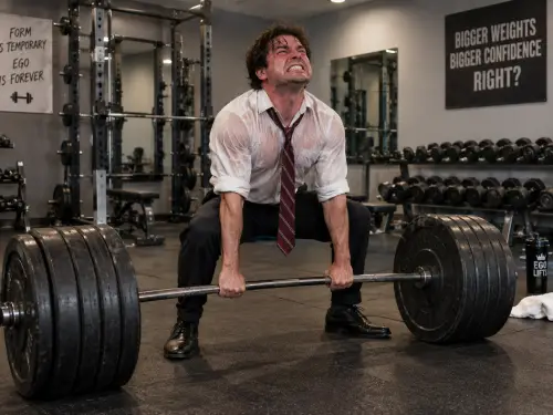 Man deadlifting heavy weights in black dress shoes, one of the formal types of men's shoes.