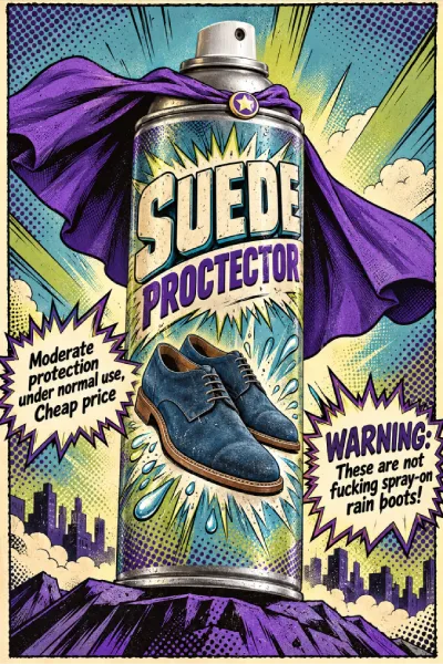Comic-style can of suede protector spray with blue suede shoes, illustrating how to protect suede from getting wet.