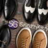Assortment of classic and casual types of men's shoes arranged around the SnazzyGuy logo.