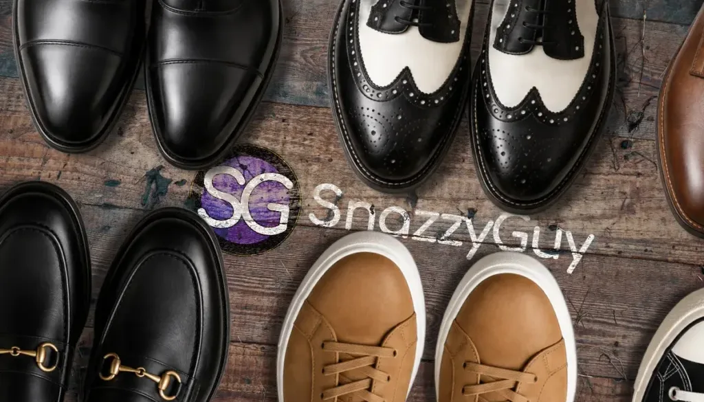 Assortment of classic and casual types of men's shoes arranged around the SnazzyGuy logo.