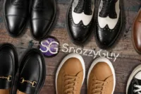 Assortment of classic and casual types of men's shoes arranged around the SnazzyGuy logo.