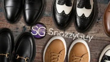 Assortment of classic and casual types of men's shoes arranged around the SnazzyGuy logo.