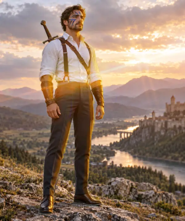 Man in white Oxford shirt and suspenders wearing office trousers, leather bracers, blue face paint, and a longsword at sunset.