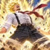 Anime-style man wearing suspenders and a belt with office trousers as energy explodes around him, illustrating do you wear a belt with suspenders.