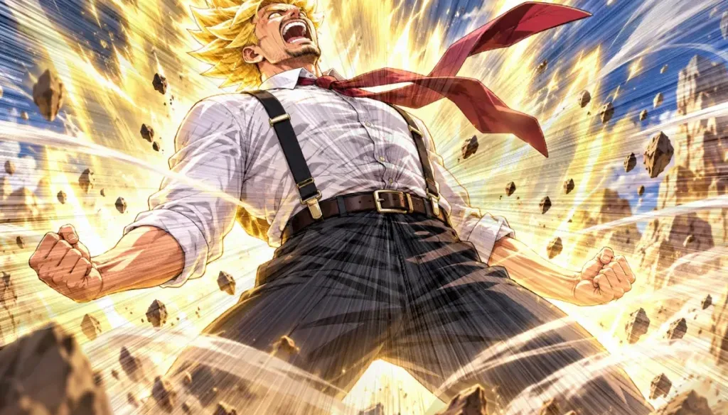 Anime-style man wearing suspenders and a belt with office trousers as energy explodes around him, illustrating do you wear a belt with suspenders.