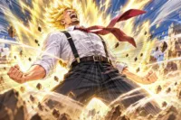 Anime-style man wearing suspenders and a belt with office trousers as energy explodes around him, illustrating do you wear a belt with suspenders.