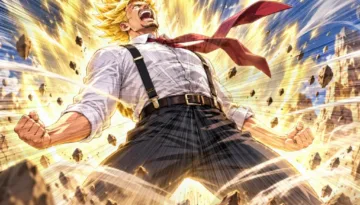 Anime-style man wearing suspenders and a belt with office trousers as energy explodes around him, illustrating do you wear a belt with suspenders.